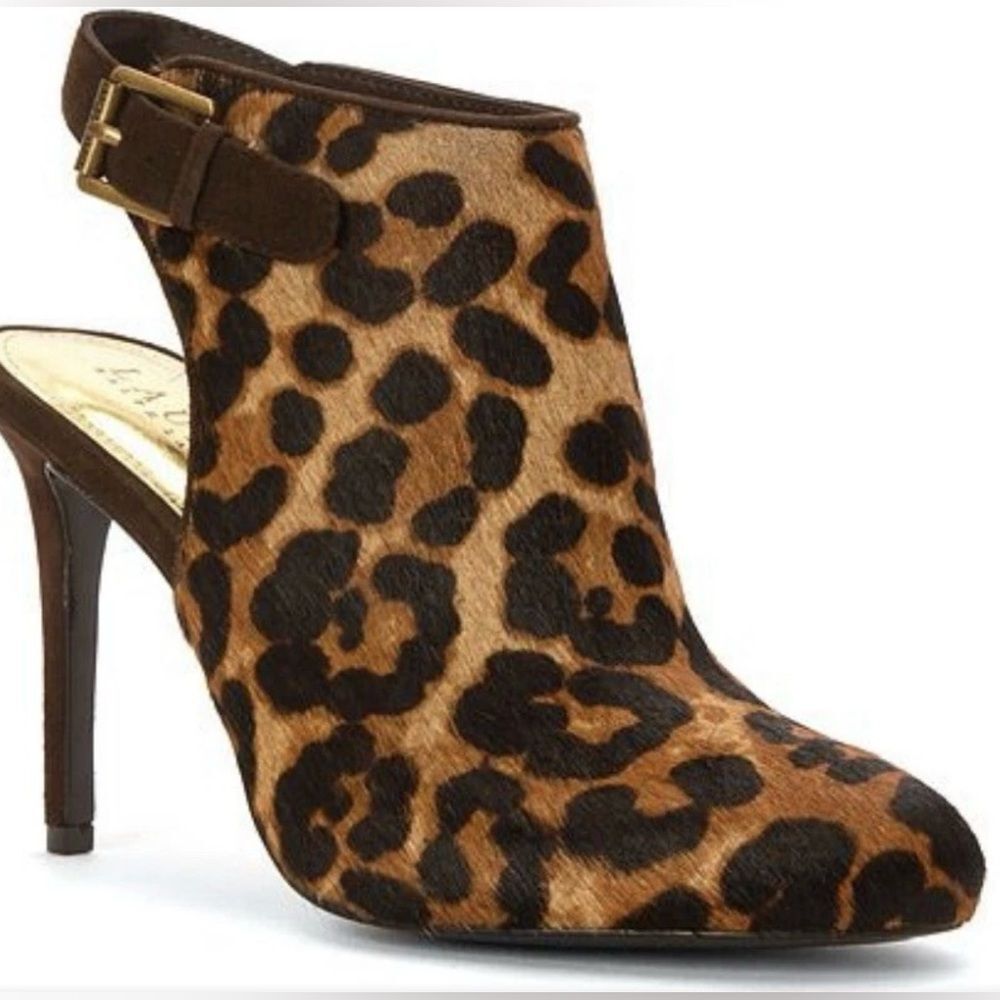 Lauren Ralph Lauren Brown Leopard Print Calf Hair Open Heel Ankle Bootie Sz 8